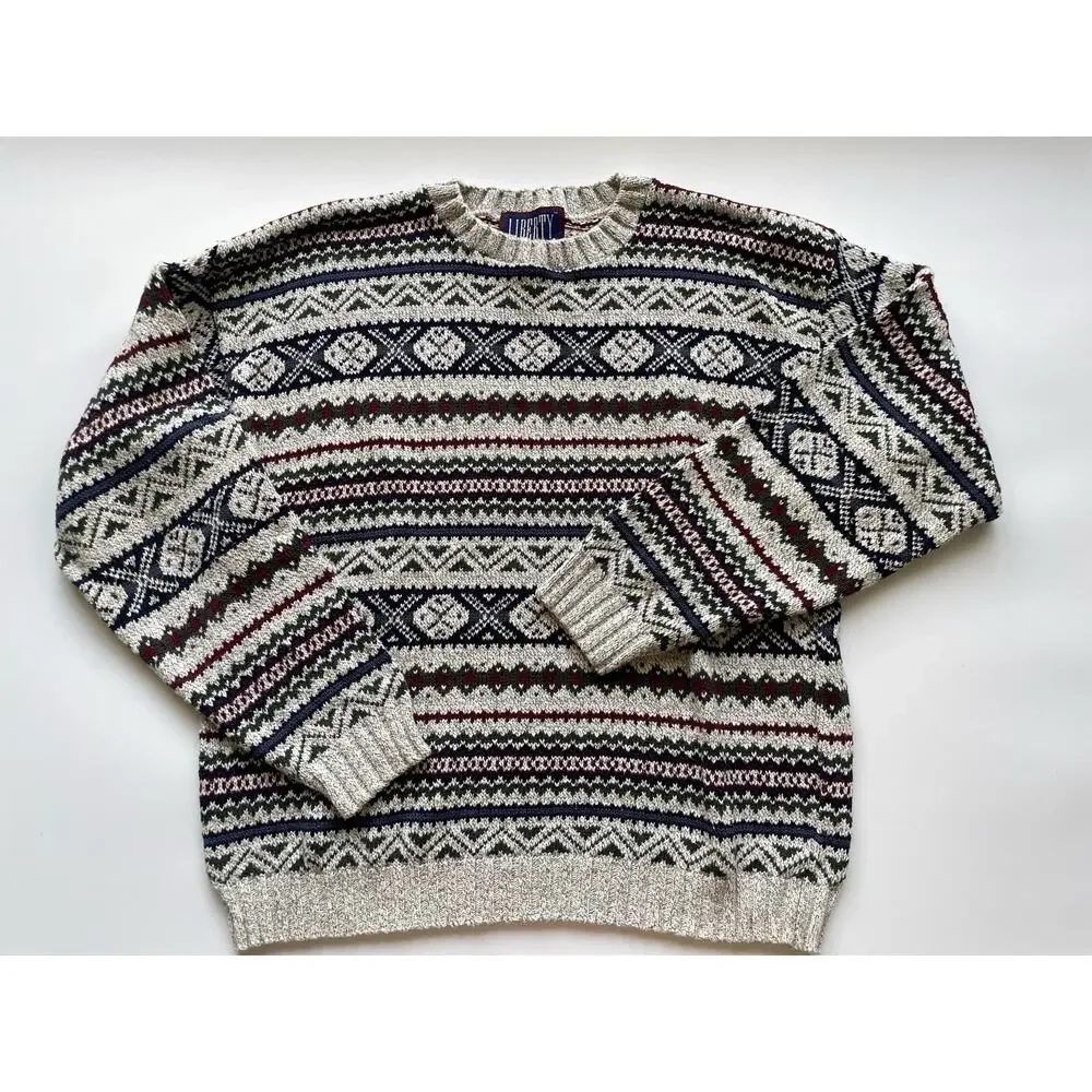 Men's Vintage Liberty Fair Isle Multicolor Knit Crewneck Sweater Size XL